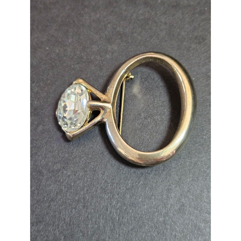 Vintage Gold Tone Solitaire Engagement Ring Brooch - Picture 7 of 9